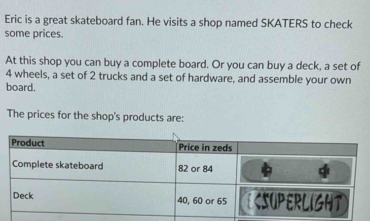 Eric is a great skateboard fan. He visits a shop named SKATERS to check 
some prices. 
At this shop you can buy a complete board. Or you can buy a deck, a set of
4 wheels, a set of 2 trucks and a set of hardware, and assemble your own 
board. 
The prices for the shop's products are: