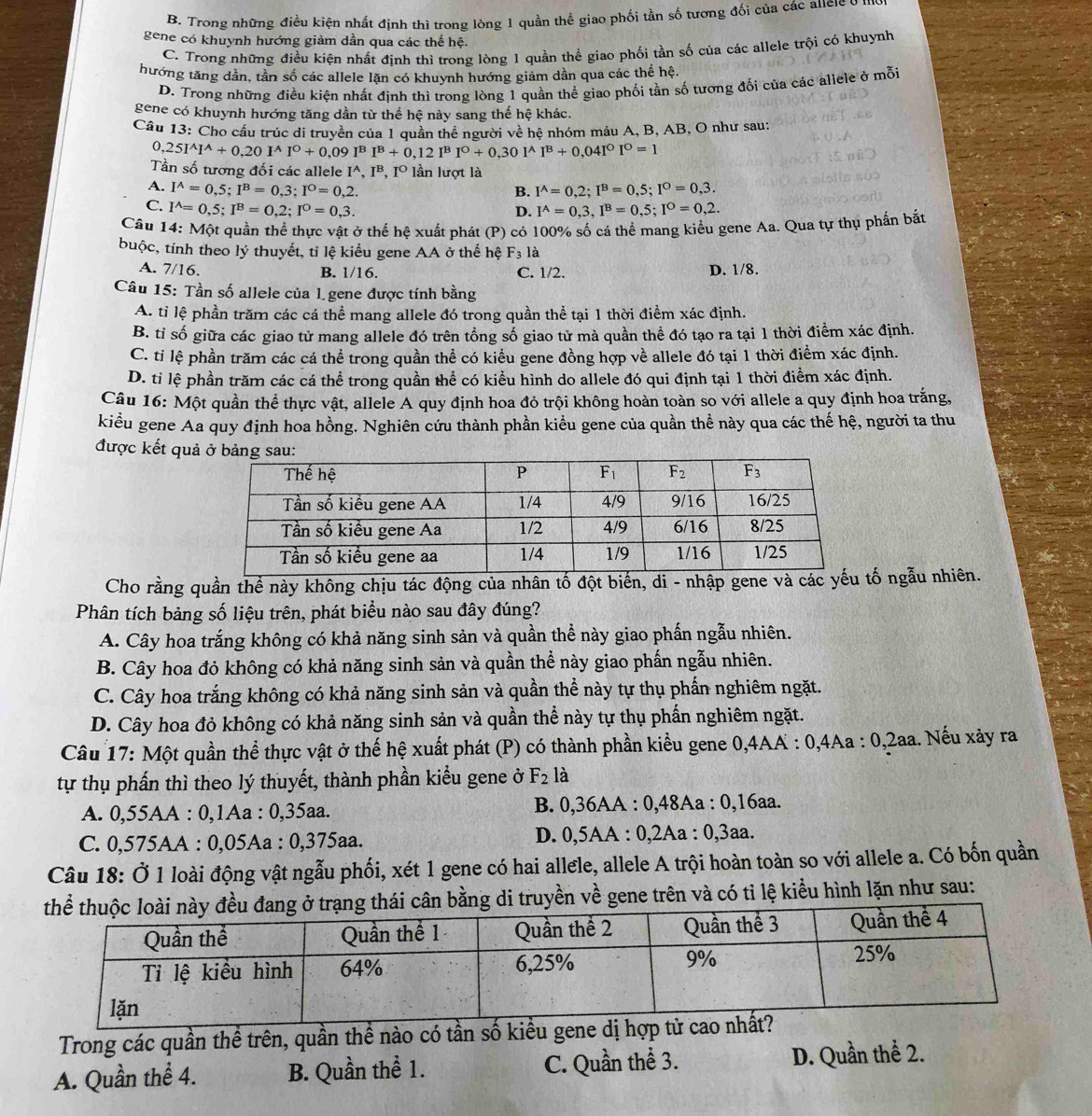 B. Trong những điều kiện nhất định thì trong lòng 1 quần thể giao phối tần số tương đối của các allele d
gene có khuynh hướng giảm dần qua các thế hệ.
C. Trong những điều kiện nhất định thì trong lòng 1 quần thể giao phối tần số của các allele trội có khuynh
thướng tăng dân, tần số các allele lặn có khuynh hướng giảm dân qua các thế hệ.
D. Trong những điều kiện nhất định thì trong lòng 1 quần thể giao phối tần số tương đối của các allele ở mỗi
gene có khuynh hướng tăng dần từ thế hệ này sang thế hệ khác.
Câu 13: Cho cầu trúc di truyền của 1 quần thể người về hệ nhóm máu A, B, AB, O như sau:
0,25I^AI^A+0,20I^AI^0+0,09I^BI^B+0,12I^BI^0+0,30I^AI^B+0,04I^0I^0=1
Tần số tương đối các allele I^A,I^B , I° lần lượt là
A. I^(wedge)=0,5;I^B=0,3;I^O=0,2. I^A=0,2;I^B=0,5;I^O=0,3.
B.
C. I^A=0,5;I^B=0,2;I^0=0,3. I^A=0,3,I^B=0,5;I^O=0,2.
D.
Câu 14: Một quần thể thực vật ở thế hệ xuất phát (P) có 100% số cá thể mang kiểu gene Aa. Qua tự thụ phần bắt
buộc, tính theo lý thuyết, tỉ lệ kiểu gene AA ở thế hệ F_31_a
A. 7/16. B. 1/16. C. 1/2. D. 1/8.
Câu 15: Tần số allele của 1. gene được tính bằng
A. tỉ lệ phần trăm các cá thể mang allele đó trong quần thể tại 1 thời điểm xác định.
B. tỉ số giữa các giao tử mang allele đó trên tổng số giao tử mà quần thể đó tạo ra tại 1 thời điểm xác định.
C. tỉ lệ phần trăm các cá thể trong quần thể có kiểu gene đồng hợp về allele đó tại 1 thời điểm xác định.
D. tỉ lệ phần trăm các cá thể trong quần thể có kiểu hình do allele đó qui định tại 1 thời điểm xác định.
Câu 16: Một quần thể thực vật, allele A quy định hoa đỏ trội không hoàn toàn so với allele a quy định hoa trắng,
kiểu gene Aa quy định hoa hồng. Nghiên cứu thành phần kiểu gene của quần thể này qua các thế hệ, người ta thu
được kết qu
Cho rằng quần thể này không chịu tác động của nhân tố đột biến, di - nhập gene và các yố ngẫu nhiên.
Phân tích bảng số liệu trên, phát biểu nào sau đây đúng?
A. Cây hoa trắng không có khả năng sinh sản và quần thể này giao phần ngẫu nhiên.
B. Cây hoa đỏ không có khả năng sinh sản và quần thể này giao phấn ngẫu nhiên.
C. Cây hoa trắng không có khả năng sinh sản và quần thể này tự thụ phần nghiêm ngặt.
D. Cây hoa đỏ không có khả năng sinh sản và quần thể này tự thụ phần nghiêm ngặt.
Câu 17: Một quần thể thực vật ở thế hệ xuất phát (P) có thành phần kiểu gene 0,4AA : 0,4Aa : 0,2aa. Nếu xảy ra
tự thụ phần thì theo lý thuyết, thành phần kiểu gene ở F_2 là
A. 0,55AA : 0,1Aa : 0,35aa. B. 0,36AA : 0,48Aa : 0,16aa.
C. 0,575AA : 0,05Aa : 0,375aa. D. 0,5AA : 0,2Aa : 0,3aa.
Câu 18: Ở 1 loài động vật ngẫu phối, xét 1 gene có hai allele, allele A trội hoàn toàn so với allele a. Có bốn quần
i cân bằng di truyền về gene trên và có tỉ lệ kiểu hình lặn như sau:
Trong các quần thể trên, quần thể nào có tần số
A. Quần thể 4. B. Quần thể 1. C. Quần thể 3. D. Quần thể 2.