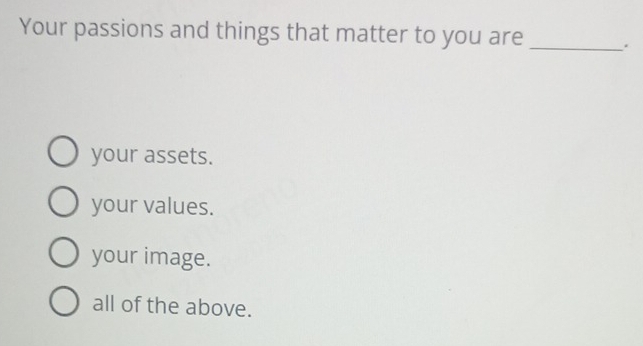 Your passions and things that matter to you are _.
your assets.
your values.
your image.
all of the above.