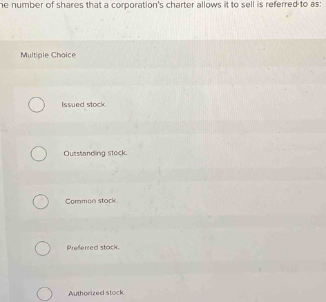 he number of shares that a corporation's charter allows it to sell is referred to as:
Multiple Choice
Issued stock.
Outstanding stock.
Common stock.
Preferred stock.
Authorized stock.