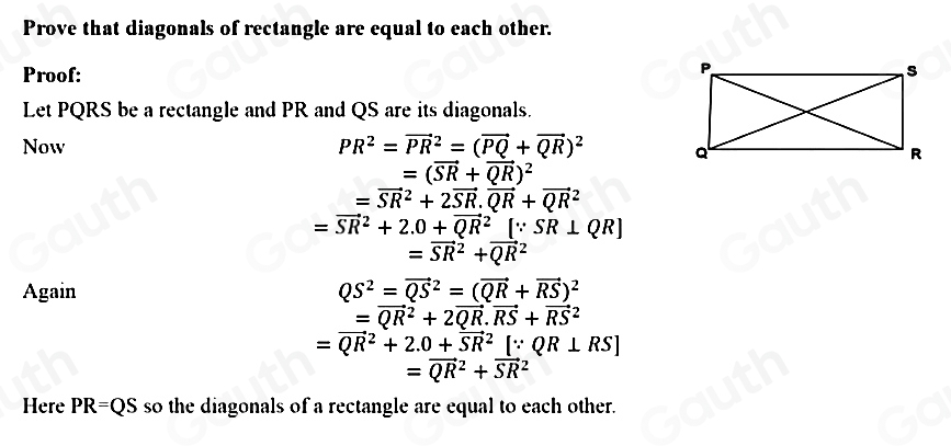 Solved: If PQRS is a rectangle then prove by vector method: PR=QS [Math]