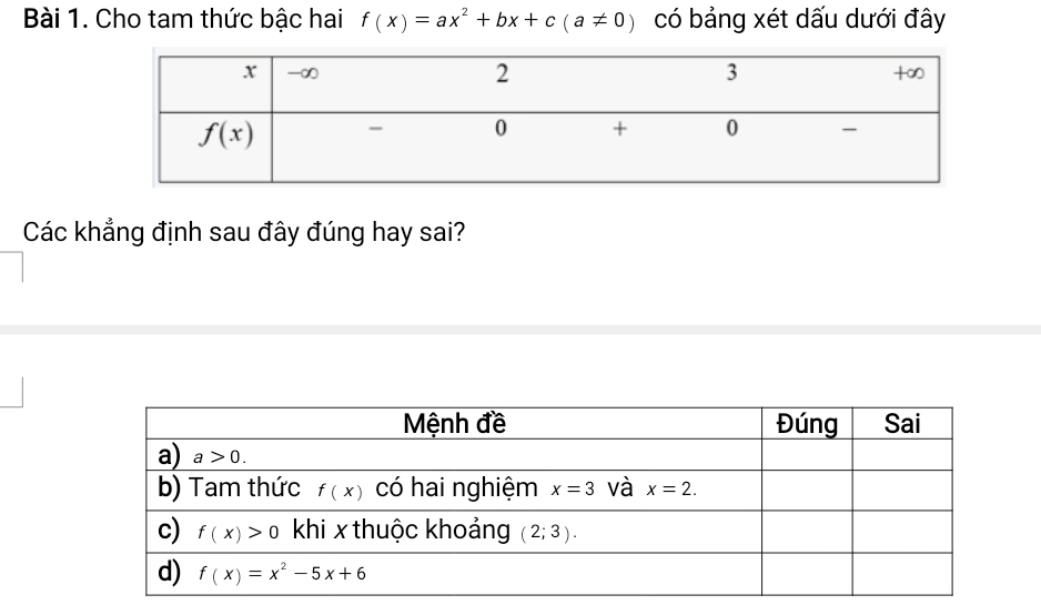 Cho tam thức bậc hai f(x)=ax^2+bx+c(a!= 0) có bảng xét dấu dưới đây
Các khẳng định sau đây đúng hay sai?