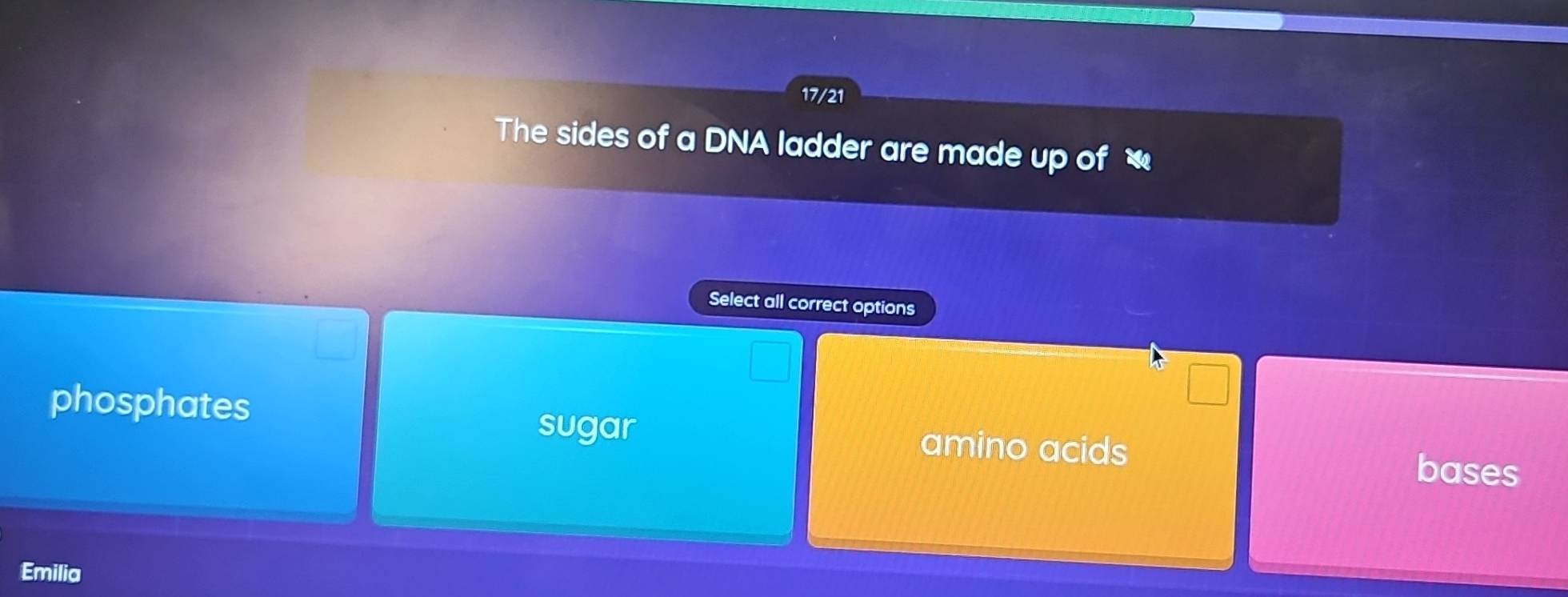 Solved: 17/21 The sides of a DNA ladder are made up of Select all ...