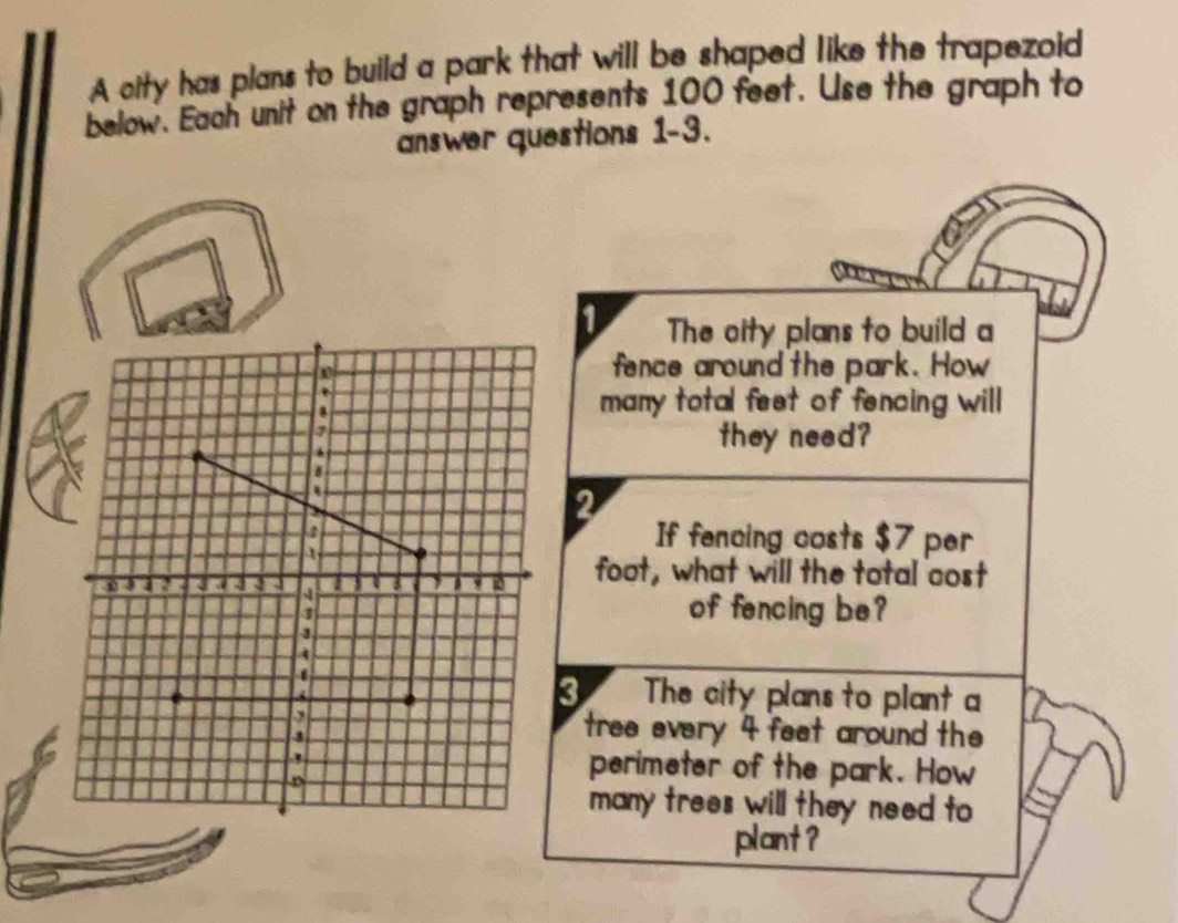 A city has plans to build a park that will be shaped like the trapezoid 
below. Each unit on the graph represents 100 feet. Use the graph to 
answer questions 1-3. 
The oity plans to build a 
fence around the park. How 
. 
many total feet of fencing will. 
they need? 
I
4
4
If fencing costs $7 per 
J 4 4 a 4 3 J I 8 8 10 foot, what will the total cost 
of fencing be?
3
4
8 The city plans to plant a
3
tree every 4 feet around the 
., perimeter of the park. How 
D 
many trees will they need to 
plant ?