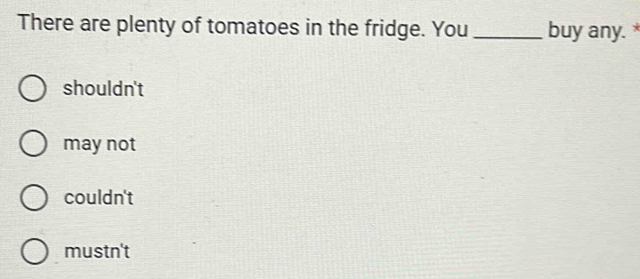 There are plenty of tomatoes in the fridge. You_ buy any.*
shouldn't
may not
couldn't
mustn't