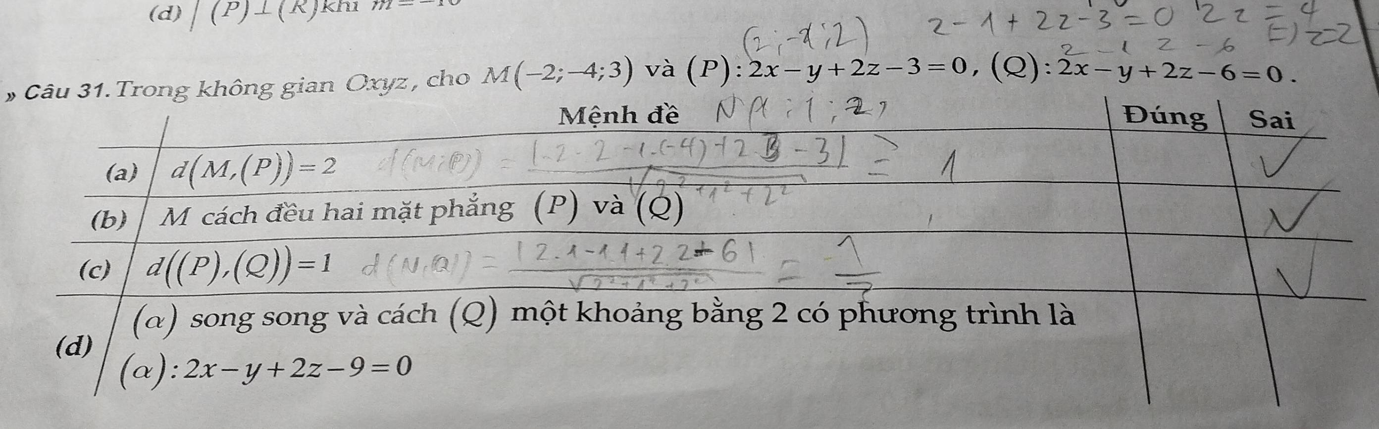 |(P)⊥ (R) khi
*g gian Oxyz , cho M(-2;-4;3) và (P):2x-y+2z-3=0 , (Q) 2x-y+2z-6=0.