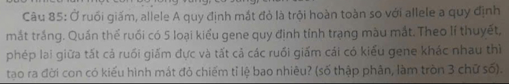 Ở ruối giấm, allele A quy định mắt đỏ là trội hoàn toàn so với allele a quy định 
mắt trắng. Quần thể ruồi có 5 loại kiểu gene quy định tỉnh trạng màu mắt. Theo lí thuyết, 
phép lai giữa tất cả ruối giấm đực và tất cả các ruối giấm cái có kiểu gene khác nhau thì 
tạo ra đời con có kiểu hình mắt đỏ chiếm tỉ lệ bao nhiêu? (số thập phân, làm tròn 3 chữ số).