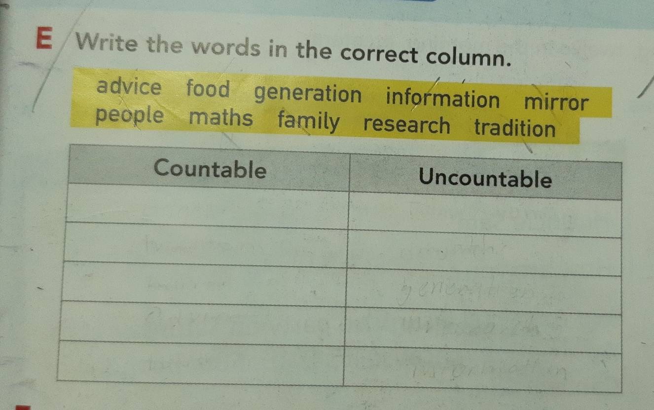 Write the words in the correct column. 
advice food generation information mirror 
people maths family research tradition