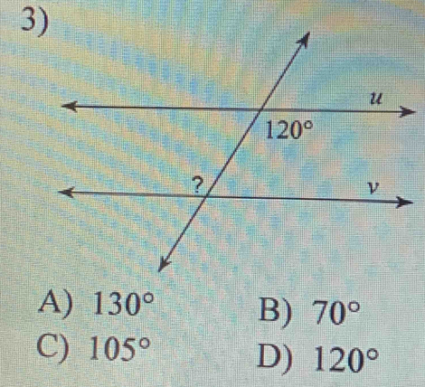 A) 130°
B) 70°
C) 105°
D) 120°