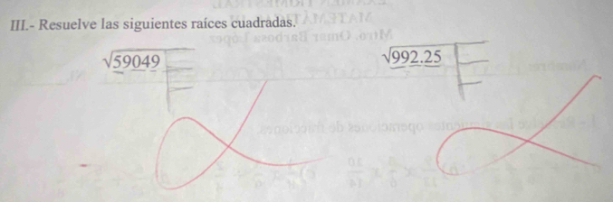 III.- Resuelve las siguientes raíces cuadradas.
sqrt(59049)
sqrt(99_ 2.25)