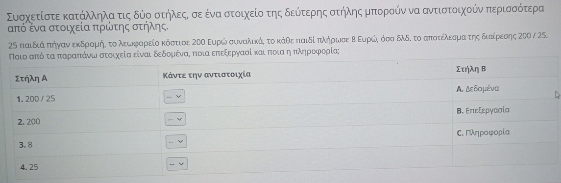 Συσχετίστε κατάλληλαα τις δύρ στήλεςΡ σε ένα στοιχείο της δεύότερης στήλης μπορούν να αντιστοιχούν περισσότερα
από ένα στοιχεία πρώτης στήλης.
25 παιδιά πήγανα εκδρομήη το λεωφορείο κόστισε 2οΝ Ευρώ συνολικάΡ το κάθε παιδίπλήρωσε δ Ευρώη όσο δλδΚ το αποτέλεσματης διαίρεσης 200 / 25.
επεξεργασί και ποια η πληροφορία;