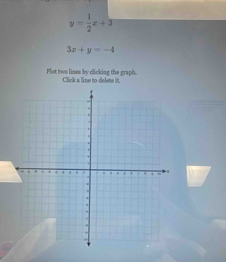 y= 1/2 x+3
3x+y=-4
Plot two lines by clicking the graph.
Click a line to delete it.