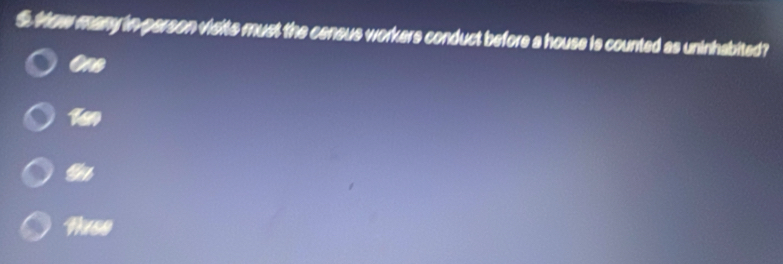 How many in person visits must the census workers conduct before a house is counted as uninhabited?
One
Nuse