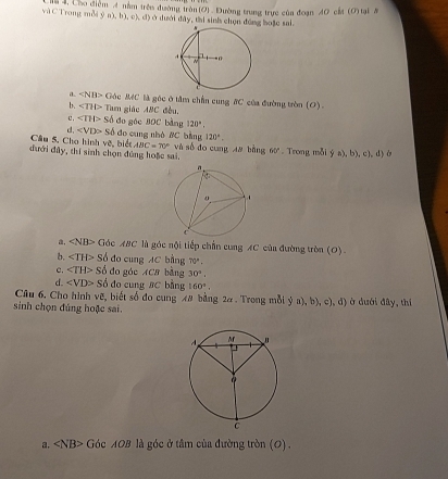 và C Trong mỗi ý # 4, Cho điểm 4 nằm trên đường tròn (O) . Đường trung trực của đoạn 40 cấa (O) tại #
a), b 1 ), c) đ) ở dưới đây, thi sinh chọn đồng hoặc sai.
a. Gác Mộc C là góc ở tâm chến cung #C của đường tròn (O).
b. ∠ THP 1 Tam giác A#C đều,
c. ∠ TH>Sb do gōc BOC bàng
d, ∠ VD>Sdelta 120°. 
Câu 5. Cho hình vẽ, biể do cung nhò /C bằng 120°.
ABC=70°
đưới đây, thí sinh chọn đúng hoặc sai. và số do cung 48 bằng 60°. Trong mỗi  a),b),c),d)
a, ∠ NBP Góc ABC là góc nội tiếp chấn cung AC của đường tròn (O)-
2, ∠ TH>S ổ đo cung AC bằng 70°,
c. ∠ TH>S6 do góc ACB bằng 30°.
d. Sd do cung BC bằng 160°, 
Câu 6. Cho hình vẽ, biết số đo cung A# bằng 2α. Trong mỗi ý a), b), c), d) ở dưới đây, thí
sinh chọn đúng hoặc sai.
a. Góc AOB là góc ở tâm của đường tròn (O) .