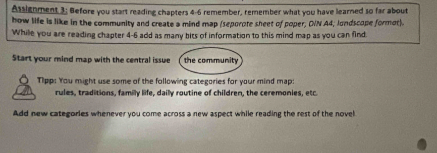 Assignment 3: Before you start reading chapters 4-6 remember, remember what you have learned so far about 
how life is like in the community and create a mind map (seporote sheet of poper; DIN A4; lundscope formot). 
While you are reading chapter 4-6 add as many bits of information to this mind map as you can find. 
Start your mind map with the central issue the community 
T1pp: You might use some of the following categories for your mind map: 
rules, traditions, family life, daily routine of children, the ceremonies, etc. 
Add new categories whenever you come across a new aspect while reading the rest of the novel