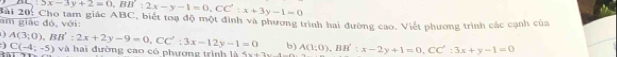 5x-3y+2=0, BB:2x-y-1=0, CC':x+3y-1=0
am giác đó, với: Tài 20: Cho tam giác ABC, biết toạ độ một định và phương trình hai đường cao. Viết phương trình các cạnh của 
D
C(-4;-5)
b) 
1 A(3;0), BB':2x+2y-9=0, CC':3x-12y-1=0 và hai đường cao có phương trình là 5x+3y=4 A(1;0), BB':x-2y+1=0, CC':3x+y-1=0