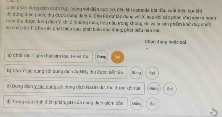 Gau 
Điện phân dung dịch Cu(NO_3)_2 loãng với điện cực trơ, đến khi cathode bắt đầu xuất hiện bọt khí
thì dừng điện phân, thu được dung dịch X. Cho Fe dư tác dụng với X, sau khi các phản ứng xảy ra hoàn
toàn thu được dung dịch Y, khí Z (không màu, hóa nâu trong không khí và là sản phẩm khử duy nhất)
và chất rần T. Cho các phát biểu sau, phát biểu nào đúng, phát biểu nào sai:
Chọn đúng hoặc sai
a) Chất răn T gồm hai kim loại Fe và Cu. Đúng Sai
b) Cho Y tác dụng với dung dịch AgNO₃ thu được kết tủa. Đúng Sai
c) Dung dịch Y tác dung với dung dịch NaOH dư, thu được kết tủa. Đúng Sai
d) Trong quá trình điện phân, pH của dung dịch giảm dần. Đúng Sai