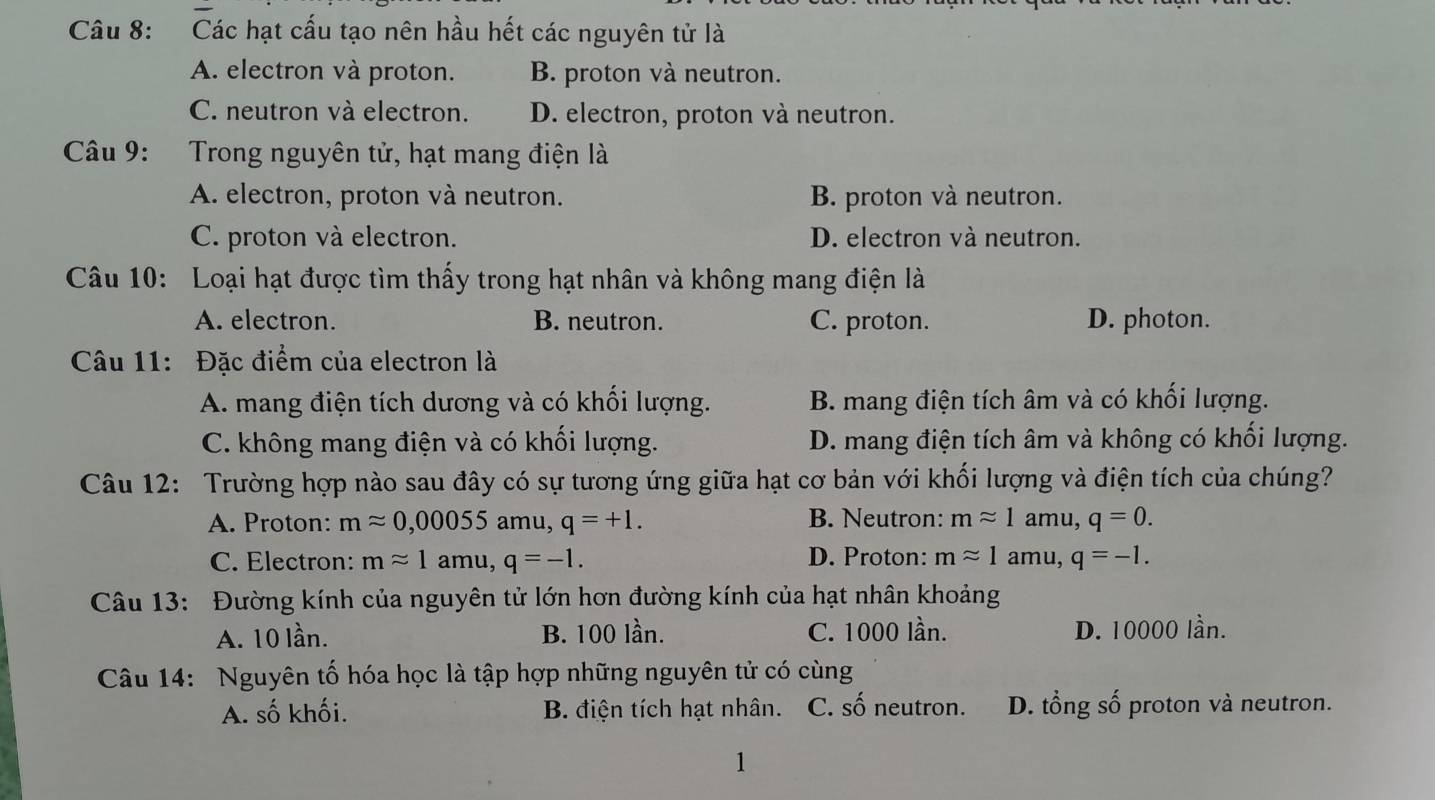 Các hạt cấu tạo nên hầu hết các nguyên tử là
A. electron và proton. B. proton và neutron.
C. neutron và electron. D. electron, proton và neutron.
Câu 9: Trong nguyên tử, hạt mang điện là
A. electron, proton và neutron. B. proton và neutron.
C. proton và electron. D. electron và neutron.
Câu 10: Loại hạt được tìm thấy trong hạt nhân và không mang điện là
A. electron. B. neutron. C. proton. D. photon.
Câu 11: Đặc điểm của electron là
A. mang điện tích dương và có khối lượng. B. mang điện tích âm và có khối lượng.
C. không mang điện và có khối lượng. D. mang điện tích âm và không có khối lượng.
Câu 12: Trường hợp nào sau đây có sự tương ứng giữa hạt cơ bản với khối lượng và điện tích của chúng?
B. Neutron:
A. Proton: mapprox 0,00055 amu, q=+1. mapprox 1 amu, q=0. 
C. Electron: mapprox 1 amu, q=-1. D. Proton: mapprox 1 amu, q=-1. 
Câu 13: Đường kính của nguyên tử lớn hơn đường kính của hạt nhân khoảng
A. 10 lần. B. 100 lần. C. 1000 lần. D. 10000 lần.
Câu 14: Nguyên tố hóa học là tập hợp những nguyên tử có cùng
A. shat O khối. B. điện tích hạt nhân. C. số neutron. D. tổng số proton và neutron.
1