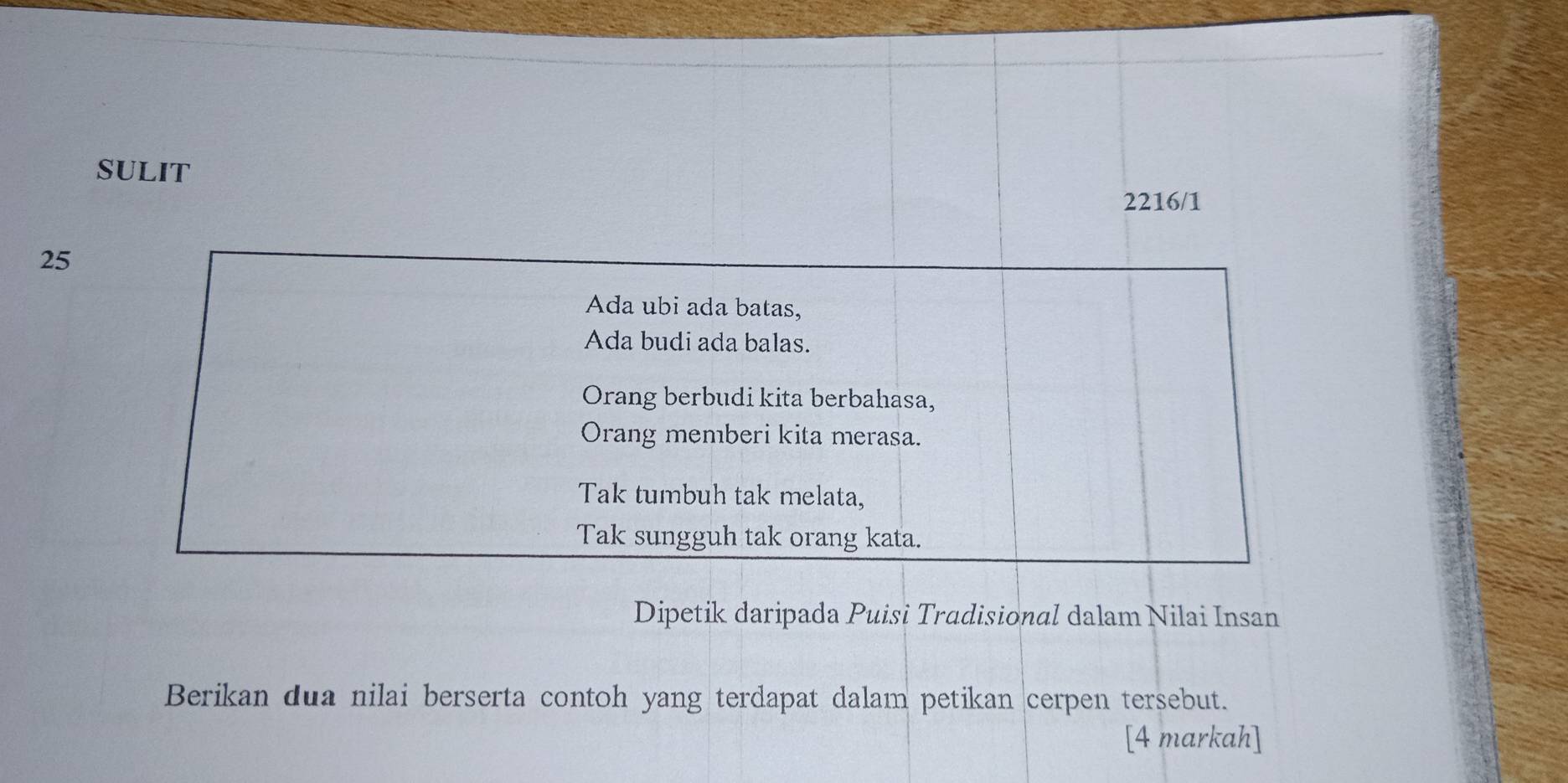 SULIT 
2216/1 
25 
Ada ubi ada batas, 
Ada budi ada balas. 
Orang berbudi kita berbahasa, 
Orang memberi kita merasa. 
Tak tumbuh tak melata, 
Tak sungguh tak orang kata. 
Dipetik daripada Puisi Tradisional dalam Nilai Insan 
Berikan dua nilai berserta contoh yang terdapat dalam petikan cerpen tersebut. 
[4 markah]