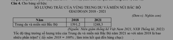 Cho bảng số liệu: 
só lượnG trÂU Của VỦNG trUnG DU VÀ MIÊN nÚI bẢc bộ 
GIAI ĐOAN 2018 - 2021 
(Đơn vị: Nghìn con) 
(Nguồn: Niên giám thổng kê Việt Nam 2021, NXB Thống kê, 2022) 
Tốc độ tăng trưởng số lượng trâu của Trung du và miền núi Bắc Bộ năm 2021 so với năm 2018 là bao 
nhiêu phần trăm? ( lầy năm 2018=100%; làm tròn kết quả đến hàng chục)