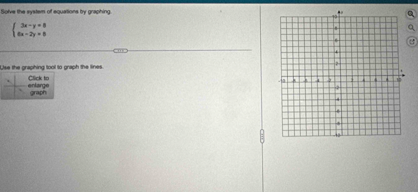 Solve the system of equations by graphing.
beginarrayl 3x-y=8 6x-2y=8endarray.
Use the graphing tool to graph the lines. 
Click to 
enlarge 
graph