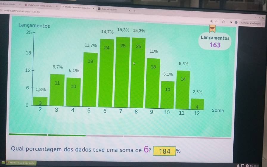 Edocacnnas Pataformas Educacionals m Matific | Award-winning is Resiaha - Quinzz 
% matific.com/students/app/? 7.2./lita/ 
x + 
r atualização  
Qual porcentagem dos dados teve uma soma de 6? 184 %
3 Mutifir I Award-winning le