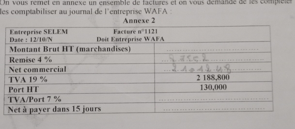 On vous remet en annexe un ensemble de factures et on vous démandé de les compléler
les comptabiliser au journal de l’entreprise WAFA :
Annexe 2