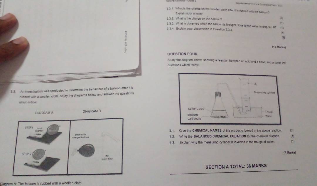 Supplementary Term A Conerolled Tem - 2001 
3.3.1. What is the charge on the woollen cloth after it is rubbed with the balloon? 
Explain your answer 
3.3.2. What is the charge on the balloon? (2) 
(1) 
3.3.3. What is observed when the balloon is brought close to the water in diagram B? 
3.3.4. Explain your observation in Question 3.3.3 (5) 
: 
(4) 
B] 
(13 Marka) 
QUESTION FOUR 
Study the diagram below, showing a reaction between an acid and a base, and answer the 
questions which follow. 
3.3. An investigation was conducted to determine the behaviour of a balloon after it is 
rubbed with a woollen cloth. Study the diagrams below and answer the questions 
which follow 
DIAGRAM A DIAGRAM B 
4.1. Give the CHEMICAL NAMES of the products formed in the above reaction. (3) 
4.2. Write the BALANCED CHEMICAL EQUATION for the chemical reaction. (3) 
4.3. Explain why the measuring cylinder is inverted in the trough of water (1) 
(7 Marks) 
SECTION A TOTAL: 36 MARKS 
Diagram A: The balloon is rubbed with a woollen cloth.