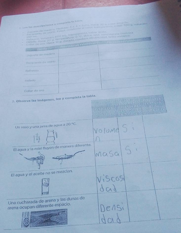 Leo las descripciones y completa la tabia 
Juguete de madera, Medidas. 3 × 4 × 5 km, masa. 20 o cólor amanilo 
iente do vidre. Frabil, resistente al caims transmamente, mass, 100 g, volumet 
parente, sabor jimón. 
encia cremosa 
3. Observa las imágenes, lee y compi 
aa Propiedad 

Propiedad' 'dspondo de extensiva Ero 
e 
cnue nt intensive, 
Un vaso y una jarra de agua a 20°C. 
El agua y la miel fluyen de manera diferente. 
El agua y el aceite no se mezclan. 
Una cucharada de arena y las dunas de 
arena ocupan diferente espacio.