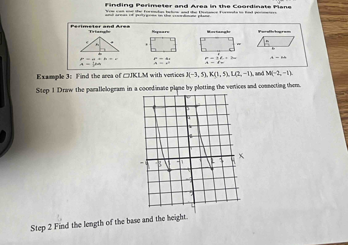 Finding Perimeter and Area in the Coordinate Plane 
You can use the formulas below and the Distance Formula to find perimeters 
and areas of polygons in the coordinate plane. 
Perimeter and Area 
Triangle Square Rectangle Parallelogram
h
w
b
P=a+b+c
P-4s
P=2ell +2w
A=bh
A= 1/2 bh
A=s^2
A=ell w
Example 3: Find the area of □ JKLM with vertices J(-3,5), K(1,5), L(2,-1) , and M(-2,-1). 
Step 1 Draw the parallelogram in a coordinate plane by plotting the vertices and connecting them. 
Step 2 Find the length of the base and the height.