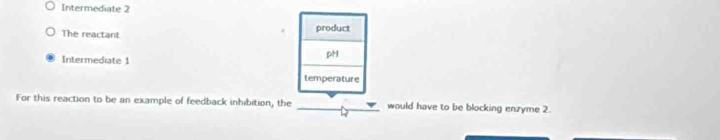 Intermediate 2
The reactant product
Intermediate 1
pH
temperature
For this reaction to be an example of feedback inhibition, the __would have to be blocking enzyme 2.