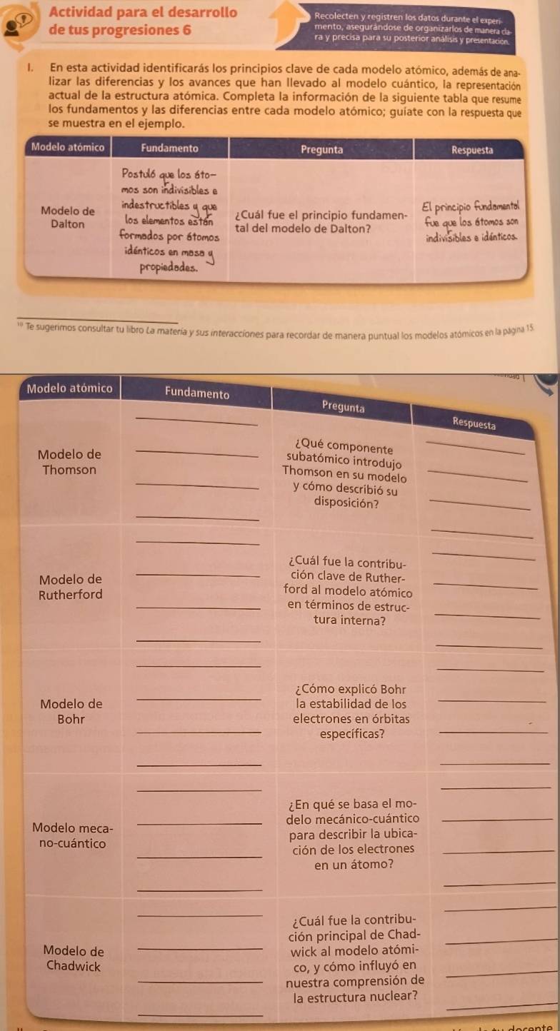 Actividad para el desarrollo Recolecten y registren los datos durante el exper 
m ento as gu a o se de or ganiza los de m er d 
de tus progresiones 6 ra y precisa para su posterior analisis y presentacion 
I. En esta actividad identificarás los principios clave de cada modelo atómico, además de ana- 
lizar las diferencias y los avances que han Ilevado al modelo cuántico, la representación 
actual de la estructura atómica. Completa la información de la siguiente tabla que resume 
los fundamentos y las diferencias entre cada modelo atómico; guíate con la respuesta que 
se muestra en el ejemplo. 
º Te sugerimos consultar tu libro La matería y sus interacciones para recordar de manera puntual los modelos atómicos en la página 15 
M 
la estructura nucl_ 
_