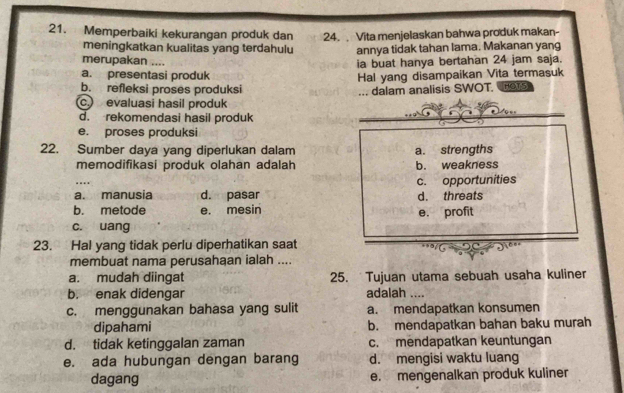 Memperbaiki kekurangan produk dan 24. Vita menjelaskan bahwa produk makan-
meningkatkan kualitas yang terdahulu annya tidak tahan lama. Makanan yang
merupakan ....
ia buat hanya bertahan 24 jam saja.
a. presentasi produk Hal yang disampaikan Vita termasuk
b. refleksi proses produksi dalam analisis SWOT. HOTS
c evaluasi hasil produk
d. rekomendasi hasil produk
e. proses produksi
22. Sumber daya yang diperlukan dalam a. strengths
memodifikasi produk olahan adalah b. weakness
c. opportunities
a. manusia d. pasar d. threats
b. metode e. mesin e. profit
c. uang
23. Hal yang tidak perlu diperhatikan saat
membuat nama perusahaan ialah ....
a. mudah diingat 25. Tujuan utama sebuah usaha kuliner
b. enak didengar adalah
c. menggunakan bahasa yang sulit a. mendapatkan konsumen
dipahami b. mendapatkan bahan baku murah
d. tidak ketinggalan zaman c. mendapatkan keuntungan
e. ada hubungan dengan barang d. mengisi waktu luang
dagang e. mengenalkan produk kuliner