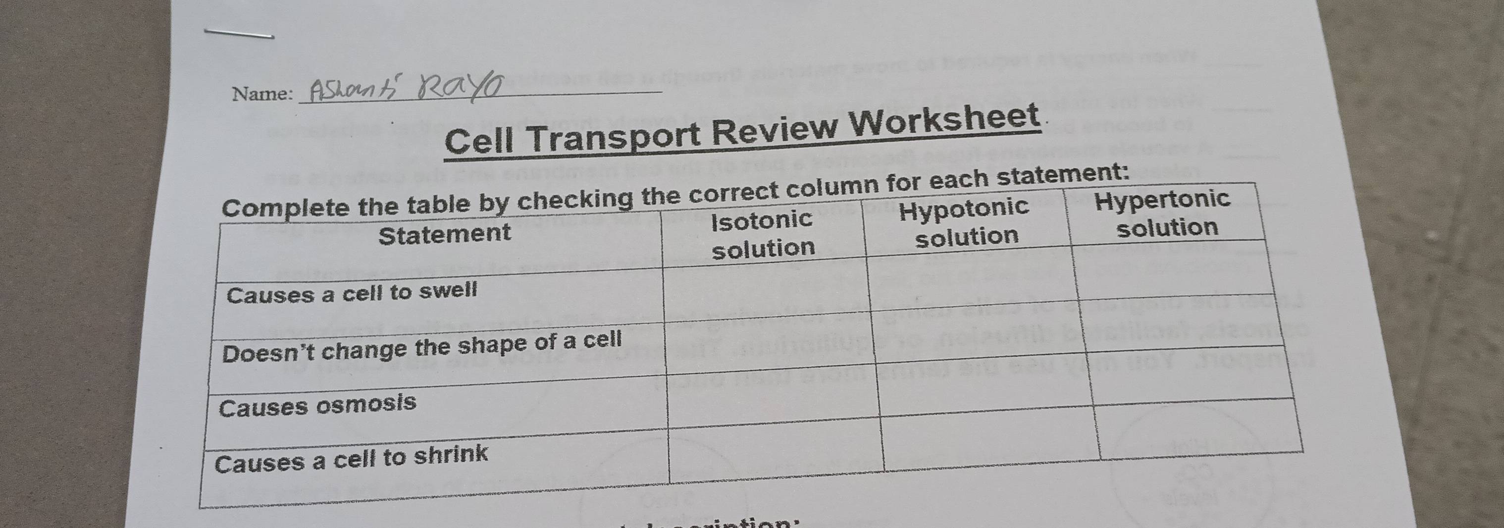 Name: 
_ 
Cell Transport Review Worksheet