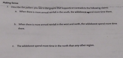 Making Sense 
7. Describe the pattern you see in the graphs that supports or contradicts the following claims: 
a. When there is more annual rainfall in the south, the wildebeest sgend more time there. 
b. When there is more annual rainfall in the west and north, the wildebeest spend more time 
there. 
c. The wildebeest spend more time in the north than any other region.