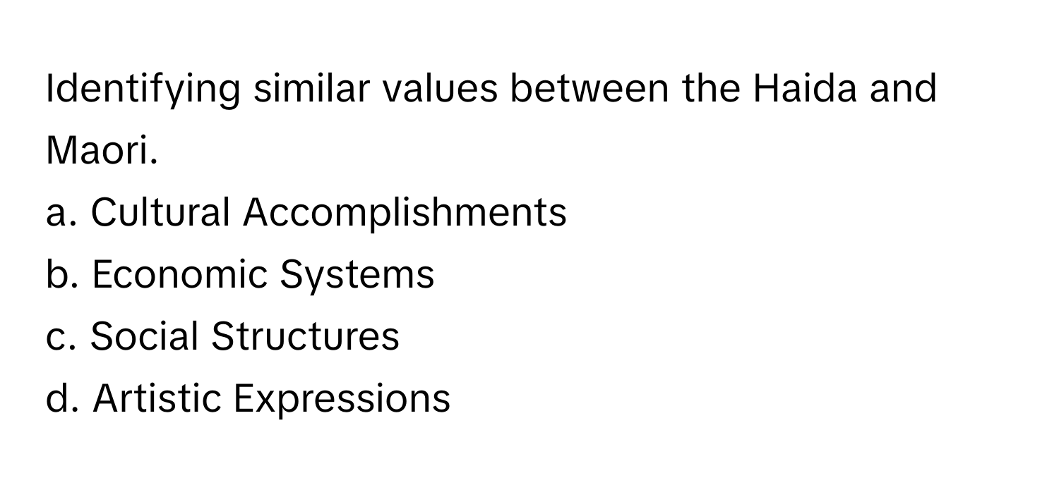 Identifying similar values between the Haida and Maori.

a. Cultural Accomplishments 
b. Economic Systems 
c. Social Structures 
d. Artistic Expressions