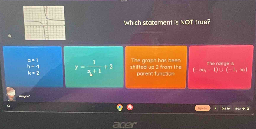 Which statement is NOT true?
a=1 The graph has been The range is
y= 1/x+1 +2
h=-1 shifted up 2 from the (-∈fty ,-1)∪ (-1,∈fty )
k=2 parent function
Amyrie
Sign out Oct 16 5:03