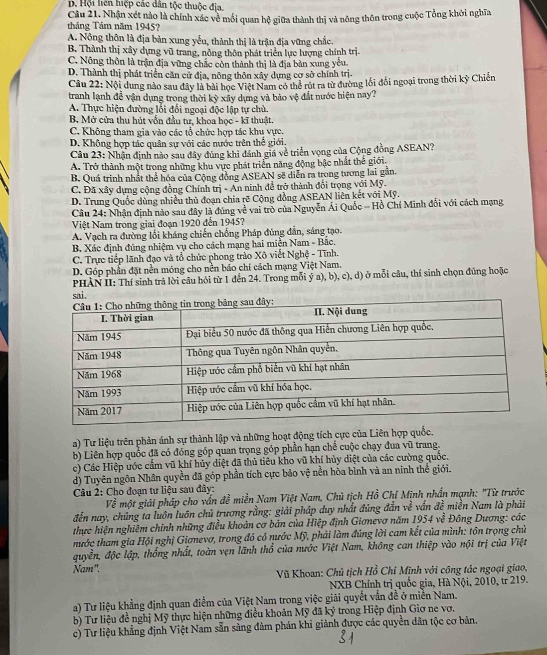 D. Hội liển hiệp các dân tộc thuộc địa.
Cầu 21. Nhận xét nào là chính xác về mối quan hệ giữa thành thị và nông thôn trong cuộc Tổng khởi nghĩa
tháng Tầm năm 1945?
A. Nông thôn là địa bàn xung yếu, thành thị là trận địa vững chắc.
B. Thành thị xây dựng vũ trang, nông thôn phát triển lực lượng chính trị.
C. Nông thôn là trận địa vững chắc còn thành thị là địa bàn xung yếu.
D. Thành thị phát triển căn cử địa, nông thôn xây dựng cợ sở chính trị.
Câu 22: Nội dung nào sau đây là bài học Việt Nam có thể rút ra từ đường lối đối ngoại trong thời kỳ Chiến
tranh lạnh đề vận dụng trong thời kỳ xây dựng và bảo vệ đất nước hiện nay?
A. Thực hiện đường lối đối ngoại độc lập tự chủ.
B. Mở cửa thu hút vốn đầu tư, khoa học - kĩ thuật.
C. Không tham gia vào các tổ chức hợp tác khu vực.
D. Không hợp tác quân sự với các nước trên thế giới,
Câu 23: Nhận định nào sau đây đúng khi đánh giá về triển vọng của Cộng đồng ASEAN?
A. Trở thành một trong những khu vực phát triển năng động bậc nhất thế giới,
B. Quá trình nhất thể hóa của Cộng đồng ASEAN sẽ diễn ra trong tương lai gần.
C. Đã xây dựng cộng đồng Chính trị - An ninh đề trở thành đối trọng với Mỹ.
D. Trung Quốc dùng nhiều thủ đoạn chia rẽ Cộng đồng ASEAN liên kết với Mỹ.
Câu 24: Nhận định nào sau đây là đúng về vai trò của Nguyễn Ái Quốc - Hồ Chí Minh đối với cách mạng
Việt Nam trong giai đoạn 1920 đến 1945?
A. Vạch ra đường lối kháng chiến chống Pháp đúng dắn, sáng tạo.
B. Xác định đúng nhiệm vụ cho cách mạng hai miền Nam - Bắc,
C. Trực tiếp lãnh đạo và tổ chức phong trào Xô viết Nghệ - Tĩnh.
D. Góp phần đặt nền móng cho nền báo chí cách mạng Việt Nam.
PHÀN II: Thí sinh trả lời câu hỏi từ 1 đến 24. Trong mỗi ý a), b), c), d) ở mỗi câu, thí sinh chọn đúng hoặc
sai.
a) Tư liệu trên phản ánh sự thành lập và những hoạt động tích cực của Liên hợp quốc.
b) Liên hợp quốc đã có đóng góp quan trọng góp phần hạn chế cuộc chạy đua vũ trang.
c) Các Hiệp ước cấm vũ khí hủy diệt đã thủ tiêu kho vũ khí hủy diệt của các cường quốc.
d) Tuyên ngôn Nhân quyền đã góp phần tích cực bảo vệ nền hòa bình và an ninh thế giới.
Câu 2: Cho đoạn tư liệu sau đây:
Về một giải pháp cho vấn đề miền Nam Việt Nam, Chủ tịch Hồ Chí Mịnh nhấn mạnh: "Từ trước
đến nay, chúng ta luôn luôn chủ trương rằng: giải pháp duy nhất đúng đắn về vấn đề miền Nam là phải
thực hiện nghiêm chính những điều khoản cơ bản của Hiệp định Giơnevơ năm 1954 về Đông Dương: các
nước tham gia Hội nghị Giơnevơ, trong đó có nước Mỹ, phải làm đúng lời cam kết của mình: tôn trọng chủ
quyền, độc lập, thống nhất, toàn vẹn lãnh thổ của nước Việt Nam, không can thiệp vào nội trị của Việt
Nam".
Vũ Khoan: Chủ tịch Hồ Chí Mình với công tác ngoại giao,
NXB Chính trị quốc gia, Hà Nội, 2010, tr 219.
a) Tư liệu khẳng định quan điểm của Việt Nam trong việc giải quyết vẫn đề ở miền Nam.
b) Tư liệu đề nghị Mỹ thực hiện những điều khoản Mỹ đã ký trong Hiệp định Giơ ne vơ.
c) Tư liệu khẳng định Việt Nam sẵn sàng đàm phán khi giành được các quyền dân tộc cơ bản.