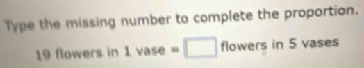 Type the missing number to complete the proportion.
19 flowers in 1vase=□ flowen s in 5 vases
