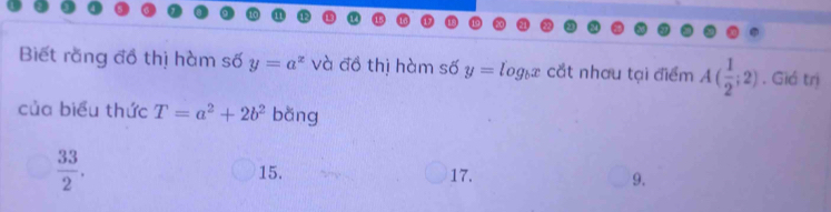 Biết rằng đồ thị hàm số y=a^x và đồ thị hàm số y=log _bx cắt nhau tại điểm A( 1/2 ;2). Giá trị
của biểu thức T=a^2+2b^2 bǎng
 33/2 . 15. 17. 9.