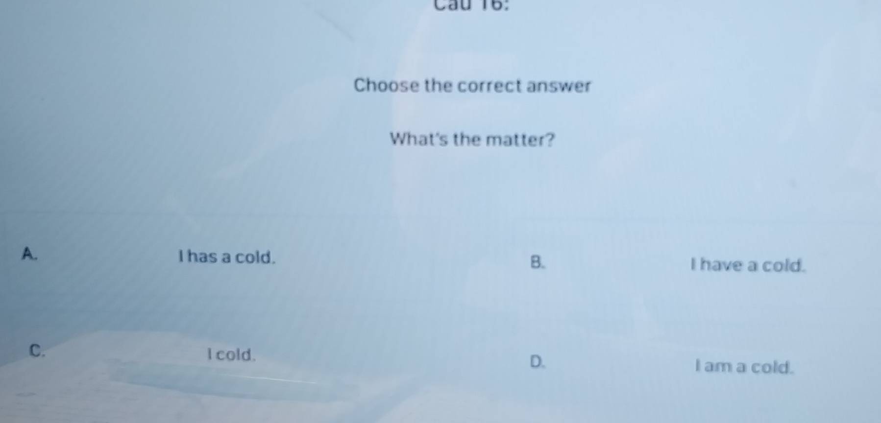 Cầu 16:
Choose the correct answer
What's the matter?
A. I has a cold. I have a cold.
B.
C.
I cold.
D.
I am a cold.