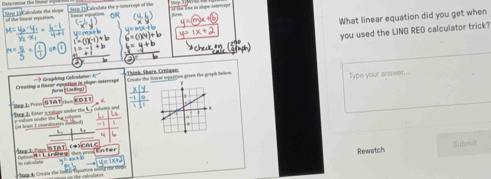 Determine the linear equao 
Step Calculate the slope Step 2) Calculate the y-intercept of the Step 3 Write te 
of the linear equation. linear equation. of the line in slope-intercept 
form. 
What linear equation did you get when 
you used the LING REG calculator trick? 
— Graphing Calculator: Think, Share, Critique: 
Creating a linear equation in slope-intercept Create the linear equation given the graph below. 
form (LinReg) Type your answer... 
Step 1: Press STAT then EDIT 
Step 2: Enter x -values under the L 1 column and
y -values under the b9 column 
(at least 2 coordinates needed) 
L, L 
Step 3: Press STAT (→) CALC 
Option 41 L inReg then press Enter 
Rewatch Submit 
to calculate 
Step 4: Create the linear equation using the sio