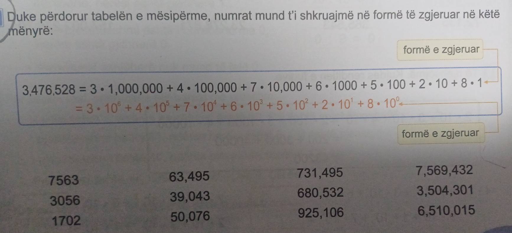 Duke përdorur tabelën e mësipërme, numrat mund t'i shkruajmë në formë të zgjeruar në këtë 
mënyrë: 
formë e zgjeruar
3,476,528=3· 1,000,000+4· 100,000+7· 10,000+6· 1000+5· 100+2· 10+8· 1
=3· 10^6+4· 10^5+7· 10^4+6· 10^3+5· 10^2+2· 10^1+8· 10^0arrow
formë e zgjeruar
7563
63,495 731, 495 7, 569, 432
3056 39,043
680, 532 3,504, 301
925,106
1702
50,076 6,510,015