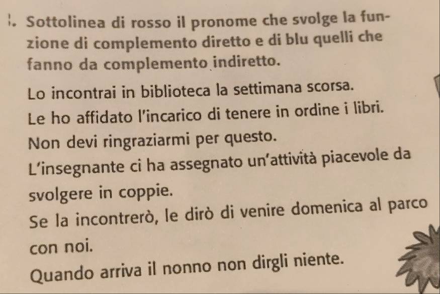 Sottolinea di rosso il pronome che svolge la fun- 
zione di complemento diretto e di blu quelli che 
fanno da complemento indiretto. 
Lo incontrai in biblioteca la settimana scorsa. 
Le ho affidato l'incarico di tenere in ordine i libri. 
Non devi ringraziarmi per questo. 
L'insegnante ci ha assegnato un'attività piacevole da 
svolgere in coppie. 
Se la incontrerò, le dirò di venire domenica al parco 
con noi. 
Quando arriva il nonno non dirgli niente.