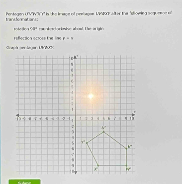 Pentagon U'V'W''X'Y' is the image of pentagon UVWXY after the following sequence of
transformations:
rotation 90° counterclockwise about the origin
reflection across the line y=x
Graph pentagon UVWXY.
Sulbmit