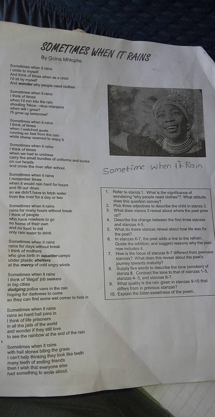 Solved: SOMETIMES WHEN IT RAINS By Gcina Mhlophe Sometimes when it ...