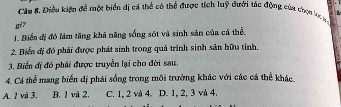 a
Câu 8. Điều kiện để một biến dị cá thể có thể được tích luỹ dưới tác động của chọn lọc tự a
gi?
1. Biến dị đó làm tăng khả năng sống sót và sinh sản của cá thể.
2. Biến dị đó phải được phát sinh trong quá trình sinh sản hữu tính.
3. Biến đị đó phải được truyền lại cho đời sau.
4. Cá thể mang biến dị phải sống trong môi trường khác với các cá thể khác.
A. 1 và 3. B. 1 và 2. C. 1, 2 và 4. D. 1, 2, 3 và 4.