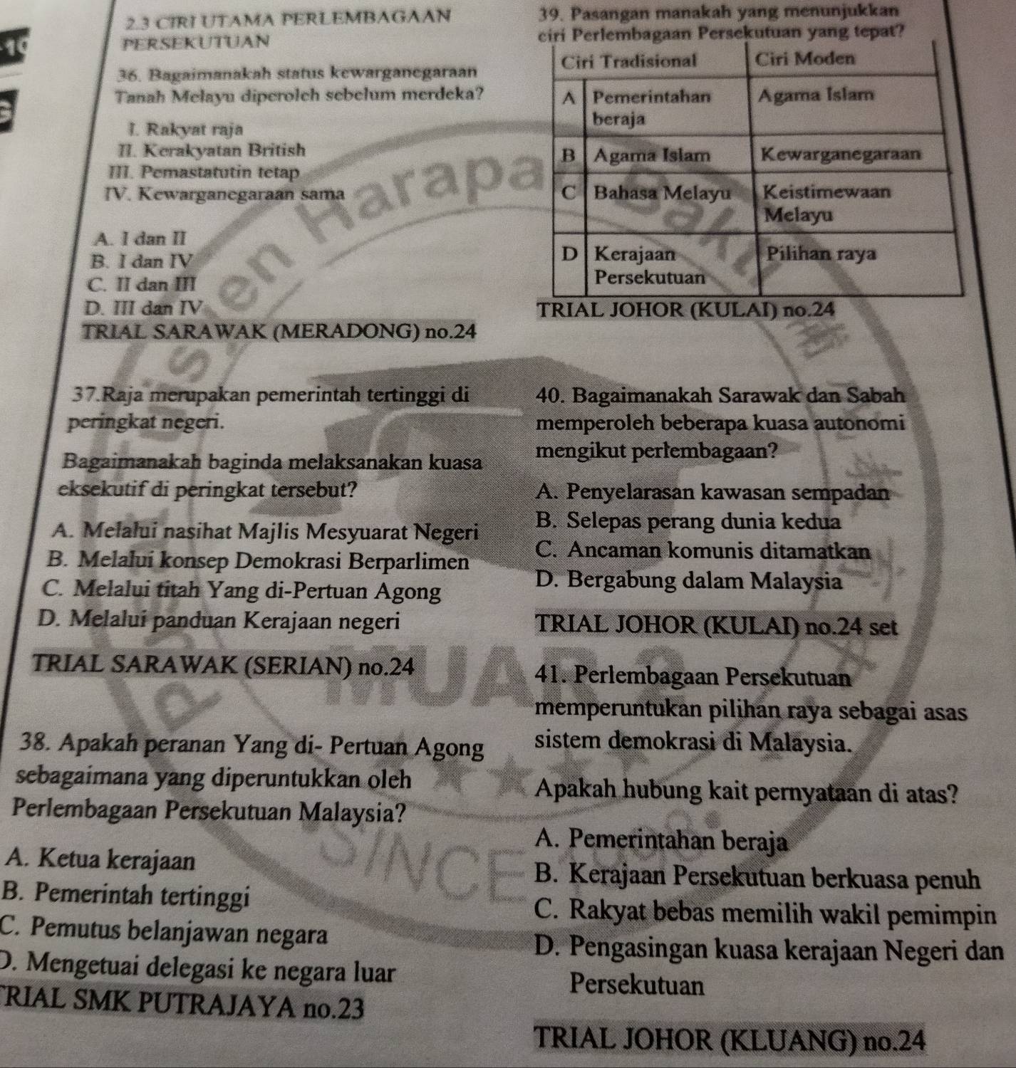 2.3 CIRI UTAMA PERLEMBAGAAN 39. Pasangan manakah yang menunjukkan
PERSEKUTUAN 
36. Bagaimanakah status kewarganegaraan
Tanah Melayu diperolch sebelum merdeka?
I. Rakyat raja 
II. Kerakyatan British
III. Pemastatutin tetap
IV. Kewarganegaraan sama
A. I dan II
B. I dan IV
C. II dan III
D. III dan IV TRIAL JOHOR (KULA
TRIAL SARAWAK (MERADONG) no.24
37.Raja merupakan pemerintah tertinggi di 40. Bagaimanakah Sarawak dan Sabah
peringkat negeri. memperoleh beberapa kuasa autonomi
Bagaimanakah baginda melaksanakan kuasa mengikut perlembagaan?
eksekutif di peringkat tersebut? A. Penyelarasan kawasan sempadan
B. Selepas perang dunia kedua
A. Melalui nasihat Majlis Mesyuarat Negeri C. Ancaman komunis ditamatkan
B. Melalui konsep Demokrasi Berparlimen
C. Melalui titah Yang di-Pertuan Agong
D. Bergabung dalam Malaysia
D. Melalui panduan Kerajaan negeri TRIAL JOHOR (KULAI) no.24 set
TRIAL SARAWAK (SERIAN) no.24 41. Perlembagaan Persekutuan
memperuntukan pilihan raya sebagai asas
38. Apakah peranan Yang di- Pertuan Agong sistem demokrasi di Malaysia.
sebagaimana yang diperuntukkan oleh Apakah hubung kait pernyataan di atas?
Perlembagaan Persekutuan Malaysia?
A. Pemerintahan beraja
A. Ketua kerajaan B. Kerajaan Persekutuan berkuasa penuh
B. Pemerintah tertinggi
C. Rakyat bebas memilih wakil pemimpin
C. Pemutus belanjawan negara
D. Pengasingan kuasa kerajaan Negeri dan
D. Mengetuai delegasi ke negara luar
Persekutuan
TRIAL SMK PUTRAJAYA no.23
TRIAL JOHOR (KLUANG) no.24