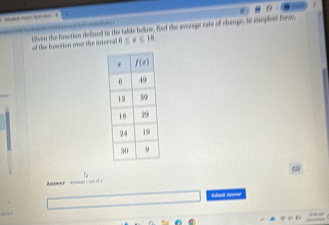 Oiven the function defined in the table below, find the average rats of change, in simplest form,
of the function over the interval 6≤ x≤ 18,
Answer  Attemp  i oa