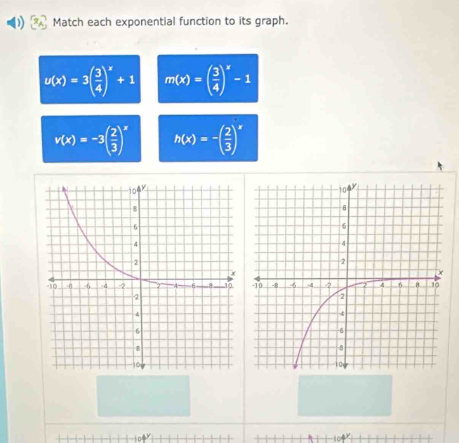 Match each exponential function to its graph.
u(x)=3( 3/4 )^x+1 m(x)=( 3/4 )^x-1
v(x)=-3( 2/3 )^x h(x)=-( 2/3 )^x